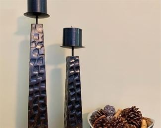 Item 6:  (2) Wood pillar candles:                                                                  Small - 16" & Large - 21": $28                                                                            Item 7:  Nambe bowl with potpourri - 10.25" x 5":  $12