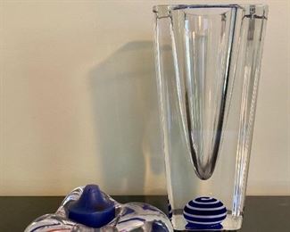 Item 12:  Beautiful Kosta Boda Pieces; red, white and blue votive holder and Kosta Boda Bertil Vallien stylized crystal vase with blue and white accent ball on inside bottom: $90                                                                                                 Vase - 3.75" x 8"