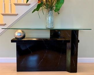 Item 35:  Contemporary glass & marbleized wood console table - 50"l x 18"w x 27"h:  $350
