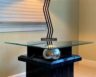 Item 37:  Contemporary black marbleized side table with glass top and silver ball accent - 28"l x 28"w x 22"h:                Item 38:  Contemporary lamp - 30":  $275