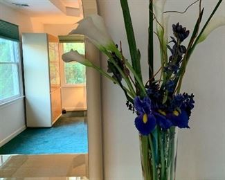 Item 62:  Clear vase with faux iris's and calla lilies - 16":  $38  