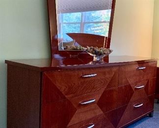 Item 70:  Matching lacquered wood bureau with mirror and  brushed nickel hardware - 70"l x 20.5"w x 72"h: $495