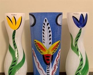 Item 87:  Ulrica Hydman for Kosta Boda: Blue and Yellow "Tulipa" - 3" x 10.5" ($85 each) and Ulrica Hydman for Kosta Boda blue with white flower, - 5" x 10.25":  $100                                                                         