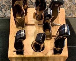 Item 120:  Cutco Knife Set:  $600                                                                      Knives:  (6) 1759 KE, (1) 1721 KD, (1) 1727 KD, (1) 1768 KD, (1) 1724 KD, (1) 1725 KD, (1) 1720 KD, (1) 1729 KD, (1) 1726 KE, (1) 1723 KE & (1) Butcher block