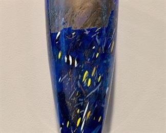 Item 121:  Kosta Boda "satellite" vase from the Artist Collection.  Signed by Bertil Vallien, numbered 49250 and features gold leaf, a vibrant blue color, black & white designs, and red and yellow accents - 11.5": $28 
