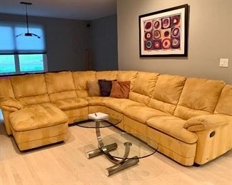 Item 150:  Suede sectional, gold - some condition issues - please note:   $450                                                                                                           Long side - 79.5"l x 22.5"w x 32.5"h                                                          Middle - 40"l x 22.5"w x 32.5"h                                                                 Short side with lounger - 56"l x 47"w x 32.5"h