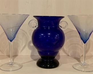 Item 156:  Lot of Blue Martini Glasses and Vase with Clear Handles: $24