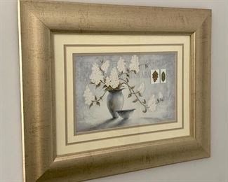 Item 179:  Framed, white flowers in vase - 21.5" x 17.5": $48
