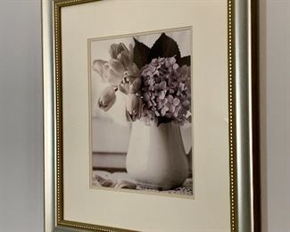 Item 180:  Silver frame with gold bead, white vase and purple flowers - 15.75" x 17.75": $38