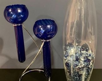 Item 185:  Base with marbles and blue...for  drinks?: $15  Stand with blue items - 14"