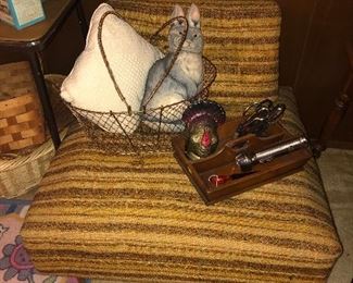 Mid century chair, wire basket, decor