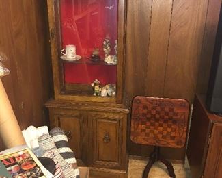 Flip-tip game table, curio cabinet and collectible figurines 