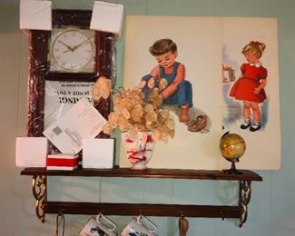 Vintage prints and wall clock