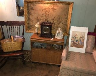 Framed tapestry, Seth Thomas Legacy chiming mantle clock