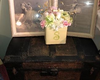 Antique camel back wood and metal trunk