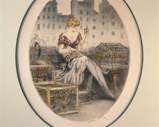 Louis Icart (French, 18888-1950) "Bird Seller, "Estimate $500 - $800. 1929, etching and aquatint, signed in pencil lower right, copyrighted and dated in the plate, matted and framed.  Dimensions: 19 x 14 in. image size 33.5 x 27 in. as framed Condition: Pin-head sized flaw in paper upper center in image, otherwise in good condition. Not examined out of frame. BUYER'S PREMIUM 23%