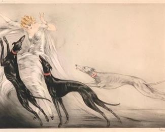 Louis Icart (French 1888-1950) "Coursing II ", Estimate $400 - $800. 1929, etching in color with aquatint, signed in pencil, lower right,  copyrighted and dated in the plate,  with windmill blindstamp, lower right, matted and framed.  Dimensions: 16 x 25 in. image size, 24 x 33 in. as framed Condition: Some scuffs and handling creases to sheet, gouge in lower right and center right, scuffs and abrasions in upper right corner margin. Not examined out of frame. BUYER'S PREMIUM 23%