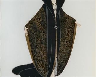 Erte (Romain de Tirtoff) (Russian/French 1892-1990) "The Golden Cloak," Estimate $500 - $800, serigraph on paper, signed in pencil, lower right, numbered 120/300, with blindstamp Copyright 1979 Circle Fine Art Corp,  matted and framed. Dimensions: 22 x 15 in. image size 34.5 x 26 in. as framed. Condition: Appears very good, not examined out frame. BUYER'S PREMIUM 23%