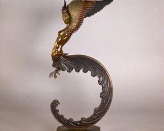 Erte (Romain de Tirtoff, Russian/French ) "Firebird", Estimate $1,000 - $2,000. 1980, bronze with patination, signed, with foundry mark for R.K.Pint Corp, dated 1980, numbered 126/250, with impressed logo.  Dimensions: 16 x 8 x 5 in.  Weight: 10.5 lbs. Condition: Very good with no damage or repair. BUYER'S PREMIUM 23%