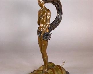 Erte (Romain de Tritoff) (Russian/French 1892-1990) "Autumn", Estimate $1,000 - $2,000. 1980, patinated bronze, signed Erte, with foundry mark for RKP INT. CORP. numbered 92/250, with artist's monogram.  Dimensions: 15.25 x 9 x 8 in. Weight: 14 lbs.  Condition: Small imperfection to patina on top of leaf base in front of piece. BUYER'S PREMIUM 23%