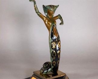 Erte (Romain de Tirtoff) (Russian/French 1892-1990) "La Jalousie", Estimate $800 - $1,200. 1980,  cold painted bronze with patina,  signed Erte, with foundry mark for RKP. INT. CORP. numbered 125/300.  Dimensions: 15 x 7 x 7 in. Weight: 10.5 lbs.  Condition: Some small scratches to black patination at base. BUYER'S PREMIUM 23%
