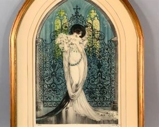 Louis Icart (French 1888-1950) "Tosca", Estimate $400 - $800. 1928, etching and aquatint, signed in pencil, lower right, numbered 395/500 lower left, with windmill blindstamp, copyrighted and dated in the plate, matted and framed.  Dimensions: 21 x 13 in.  29.25 x 21 in. as framed Condition: Two foxed spots in dress of figure, other minor foxing in areas, matt burned. Not examined out of frame. BUYER'S PREMIUM 23%