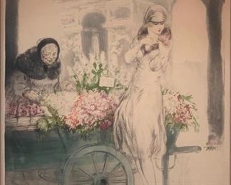 Louis Icart (French 1888-1950) "Flower Vendor", Estimate $200 - $400. 1928, etching and aquatint, signed in pencil lower right, with windmill blindstamp, copyrighted and dated in the plate, matted and framed.  Dimensions: 19.5 x 14.5 in. image size 27 x 22 in. as framed. Condition: Light toned overall. Faded. Not examined out of frame. BUYER'S PREMIUM 23%