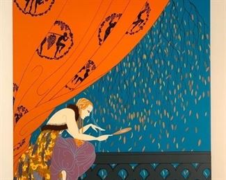 Erte (Romain de Tirtoff) (Russian/French 1892-1990) "Fall", Estimate $400 - $800. Serigraph on paper, signed in pencil, lower right, numbered A.P. 38/60, lower left, with blindstamp Copyright 1979 Circle Fine Art Editions, matted and framed. Dimensions: 24 x 17.5 in. image size 37.5 x 31 in. as framed.  Condition: Appears very good with no damage or repair, not examined out of frame.
BUYER'S PREMIUM 23%