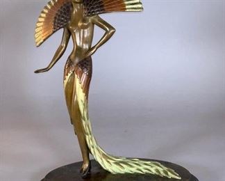 Erte (Romain de Tirtoff) (Russian/French 1892-1990) "Ibis", Estimate $1,000 - $2,000. 1980, bronze with patina, signed Erte, with foundry mark for Fine Art Acquisitions, numbered 202/300. Dimensions: 15.5 x 12 x 7 in.  Weight: 13.5 lbs. Condition: Very good with no damage or repair. BUYER'S PREMIUM 23%