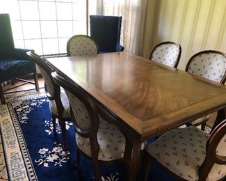 Dining table with 6 chairs, 2 captains chairs and large area ASIAN-styled wool area rug - excellent condition