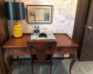 Desk with 3 drawers, chair, table lamp and more