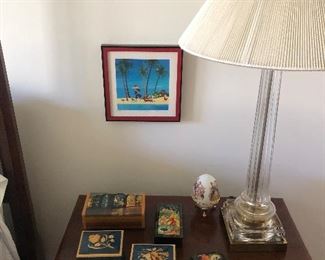 Music boxes, lacquer boxes, lucite lamp and framed print