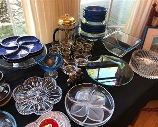 Serving pieces, French Press coffee maker and cups, bowls and more