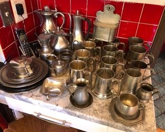Pewter selection: mugs, plates, tea and coffee servers