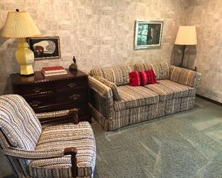 Hide-a-bed couch - full size, matching armchair, chest of drawers, lamps and bamboo-style floor/table lamp and more!