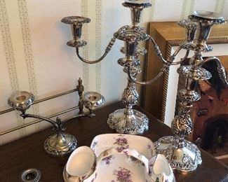 Silver-plated Candleoberas, sterling candleholders, and porcelain scone service dish with cream and sugar