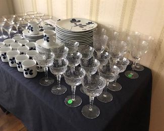 Fostoria glassware - water and champagne and Block China - "sleepy hollow" pattern