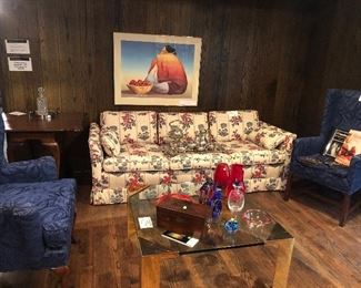 Gorman signed and numbered lithograph, wingback armchairs - 3, brass and glass coffee table, wood game table and blown art glass pieces