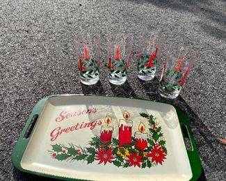 Vintage Christmas Tray and Glass $22