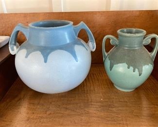 Roseville Blue Drip 10.5”w x 8.5”t $50; Green drip 7”w x 7.5” $45