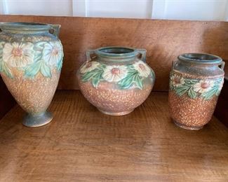 Roseville Dahlrose left (SOLD) $65 9 x 6; Middle (PENDING) $65 5 x 9; Right(PENDING) 6.6 x 5 $45