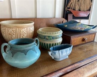 Roseville Blue  drip  $55, Roseville low pot $40; Weller left rear $50; Roseville Right rear $65