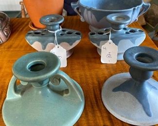 Roseville Matt Brown Back Left  $95 6 x 5; Back Right Blue Drip 8 x 3 $50; Drip Middle Carnelian Pair $75 5 x 3; Drip Front Left $35 5 x 3; Front Right Drip $35  4 x 3