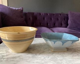 Roseville Mixing Bowl $28 small chip Left 9 x 6; Roseville Blue Drip Right 10 x 4 $45