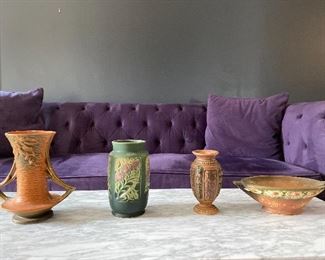 Roseville left 8 x 7  (damaged) $25; Green (SOLD) 8 x 5 $50; Tan 6.5 x 5 $45;  Sun Flower 10 x 3 $45