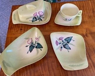 Carlton Ware Cup & Saucer, $20; Covered butter dish, $25; 2 Plates $25