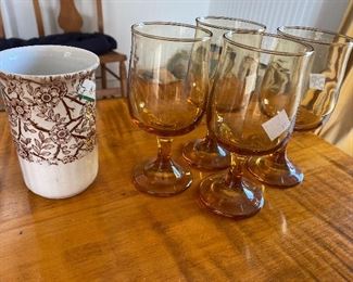 Tea cup, $8; Amber glasses $15