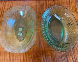 Green Depression Glass Left $18 20 x 7; Duncan Miller Depression Glass $25 Right 20 x 8