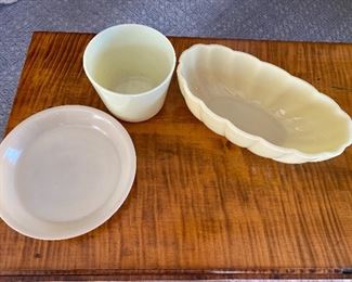 Left pie plate ivory fire king $5; McKee Glass Pot $8  5 x 6; Right Oval Glass Bowl $18 12 x 3.5 