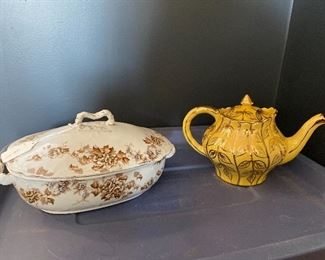 Left Soup Tureen, $45; Yellow and gold tea pot, $25
